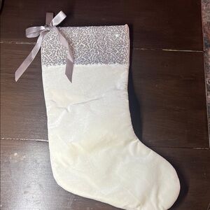 Elegant White Christmas Stocking with Silver Accents